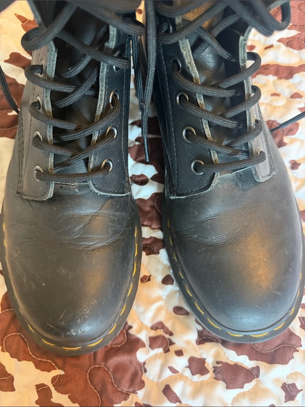 Women’s Dr. Martens Black Leather Lace-Up Boots with Yellow Stitching